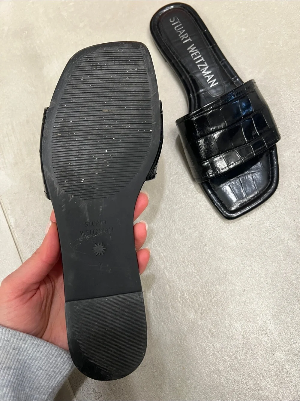 Stuart Weitzman Black Croc-Embossed Slide Mules - Picture 2 of 3